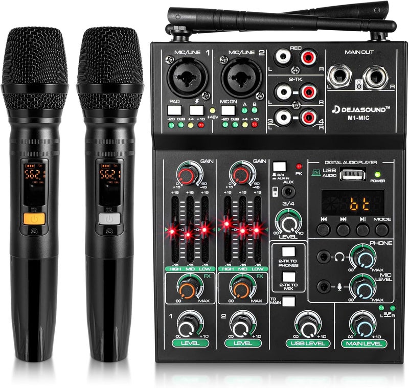 Dejasound Pro 5 Channel Audio Mixer Mic Set for Live Streaming, Family Karaoke, Studio Recording, Bluetooth Dual Wireless Microphone System with USB Interface & 48V Phantom Power - Image 1